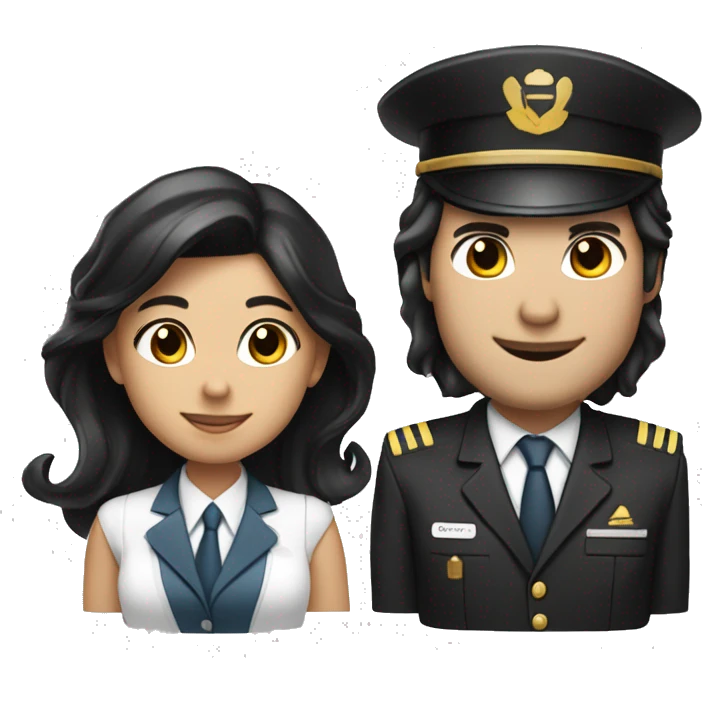 Flight attendant with long black hair and white skin with a pilot man with light tan skin and black hair emoji