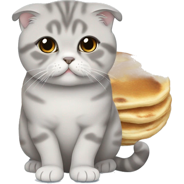 chubby grey scottish fold with blue eyes eating pancakes emoji