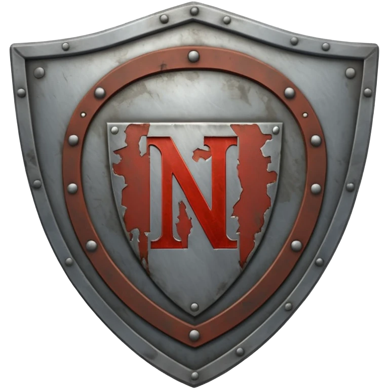 a steel shield with engraved roman letter NOVUS—looks battle worn emoji