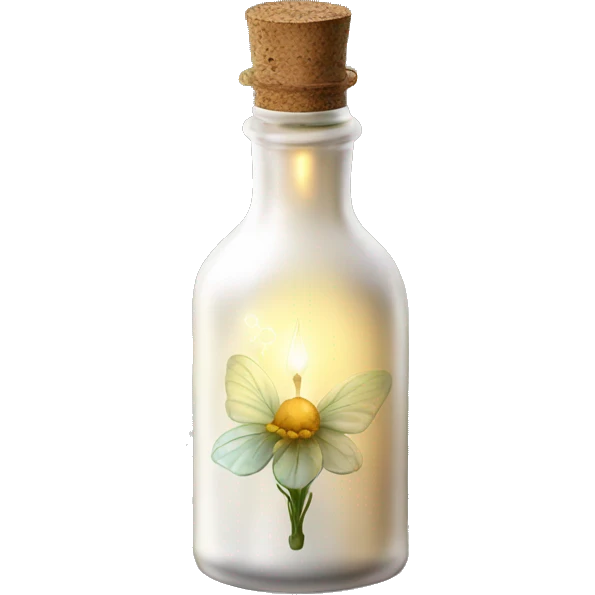 White magic fairy light sparkling old Antique bottle with poison and with herbal and flowers emoji