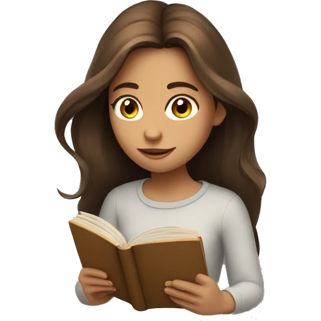 A girl with long brown hair reading a book no glasses emoji