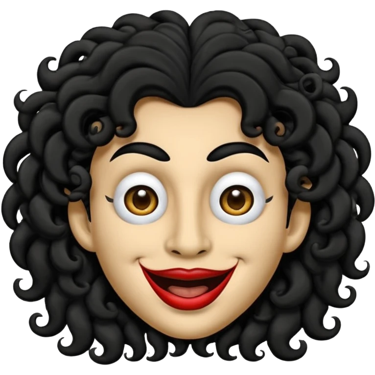 generate mask emoji with a big curly black hair 

black coloured  smiling lips and no teeth, long and pointy white nose with no nostrils, pitch black eyes with no pupils, no brows emoji