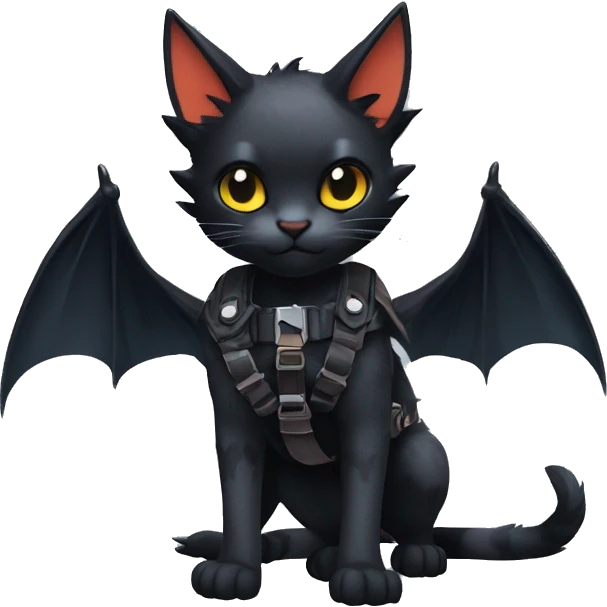 Cool Edgy Ethereal Fantasy Litten-Nargacuga-Cat with black bat-wing-ears with a harness full body emoji