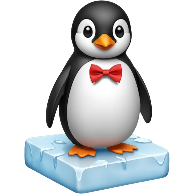 penguin, red bow tie, standing on small ice melting block emoji