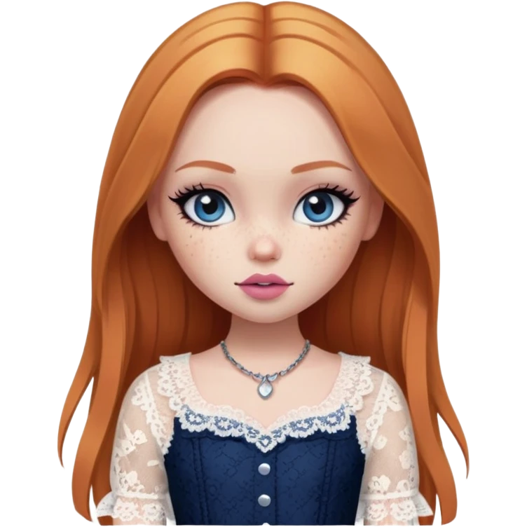 pretty bratz girl, ginger straight hair, freckles, dark blue eyes, pink lips, black eyeliner, pale skin, cute lace girly clothes emoji