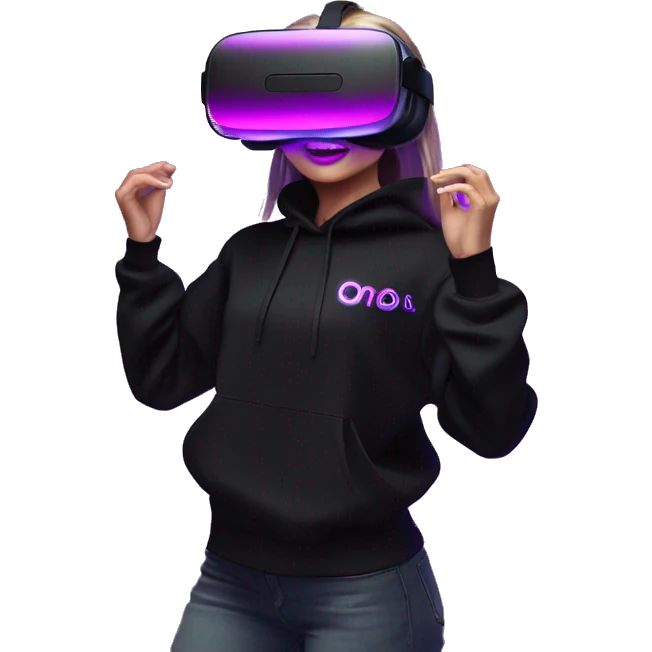 Russian girl wearing black hoody with violet letters "OMG", in vr headset oculus quest2. Dancing. Cyberpunk style. Violet neon. emoji