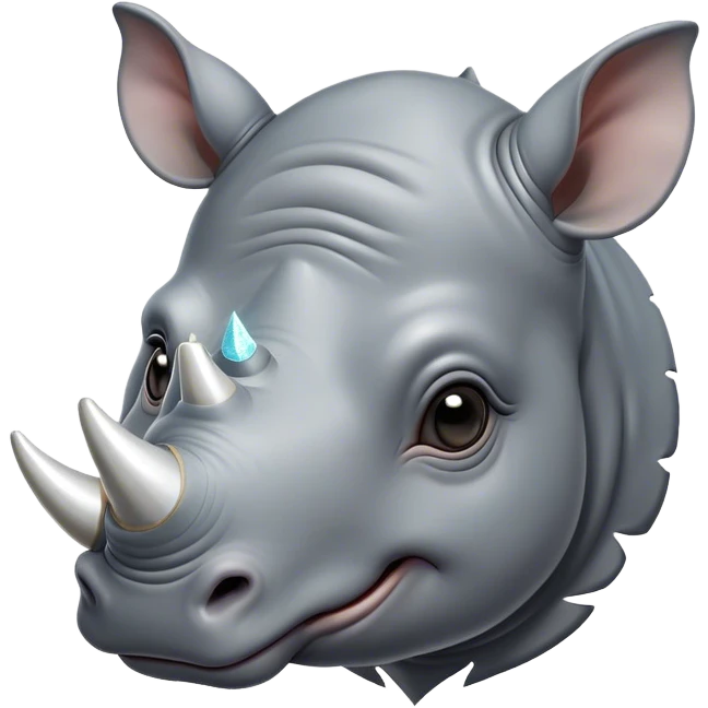 Cinematic Cute Rhinoceros Portrait Emoji, Head tilted playfully and inquisitively, featuring a rugged, glossy slate-gray hide with a gentle, rounded white horn and round, sparkling eyes filled with curious wonder, Simplified yet irresistibly adorable features, highly detailed, glowing with a warm, friendly glow, high shine, affectionate and mighty, stylized with a touch of ancient charm, bright and endearing, soft glowing outline, capturing the essence of a mischievous yet loving rhinoceros, so playful it feels like it could stomp out of the screen and into your arms! emoji