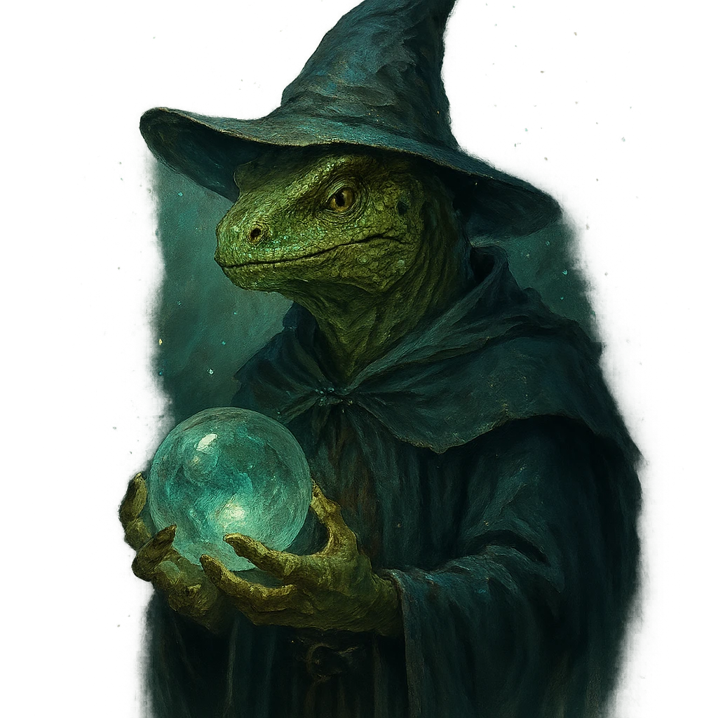 lizard man wizard, holding a crystal orb, pointed hat, enchanted atmosphere emoji