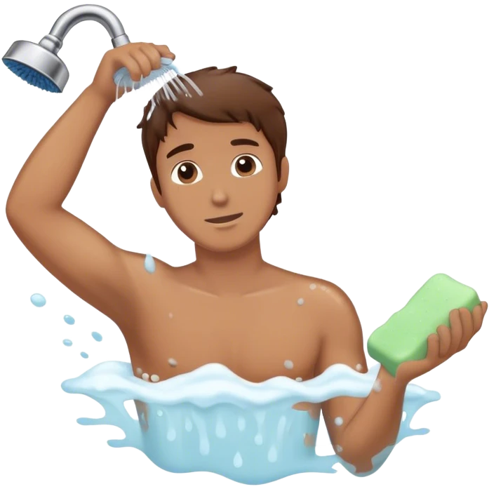 Man in shower scrubbing with soap and brown hair emoji