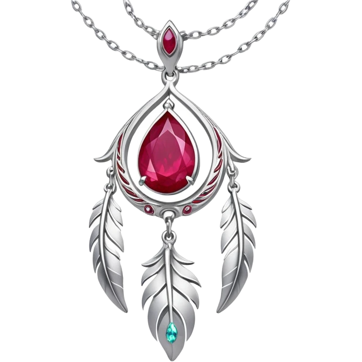 cosmic phoenix talisman, teardrop ruby with feather details, radiating rebirth, floating silver chain emoji