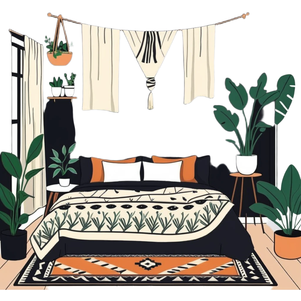 modern bohemian bedroom with hanging plants, layered patterned rugs, and lots of cozy blankets on bed emoji