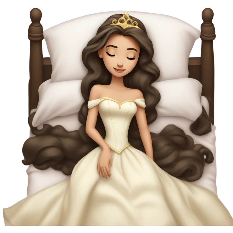 Sleeping brunette beauty princess Disney, bed, white skin emoji