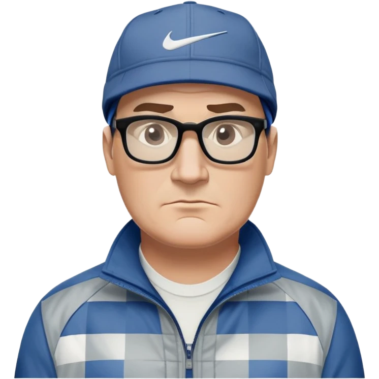 50-year-old heavyset man with very wide face and prominent square jawline. Short straight hair combed to the side, not balding, wearing a black Nike cap. Large dark square glasses. Serious-relaxed expression. Light gray jacket that fits his larger frame, white shirt with blue checkered pattern. emoji