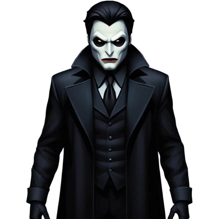Icon for Thriller Movies: A large, dramatic collage featuring sinister villains in dark clothing. The background shows the gloomy cityscape of Gotham, with dim lighting and eerie shadows. The atmosphere should be tense, mysterious, and suspenseful. Transparent background. emoji