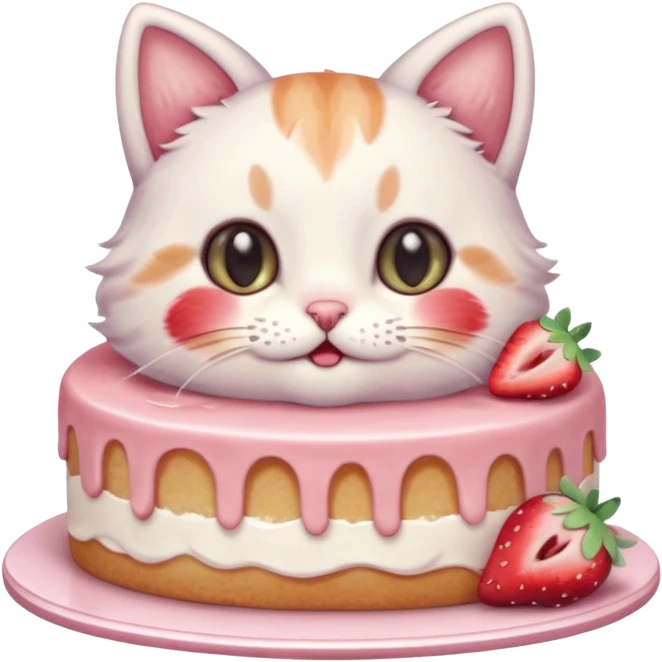 A cute cat happily eating a slice of strawberry cake, pastel color palette, soft shading, big sparkling eyes, kawaii style, highly detailed digital illustration, cozy atmosphere
, emoji