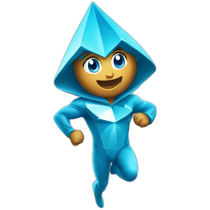 A blue diamond character with a funny face near the finish line emoji