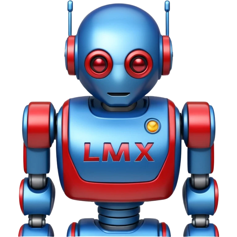 generate robot glossy, realstic, red and blue color, add text on chest "LMX" emoji