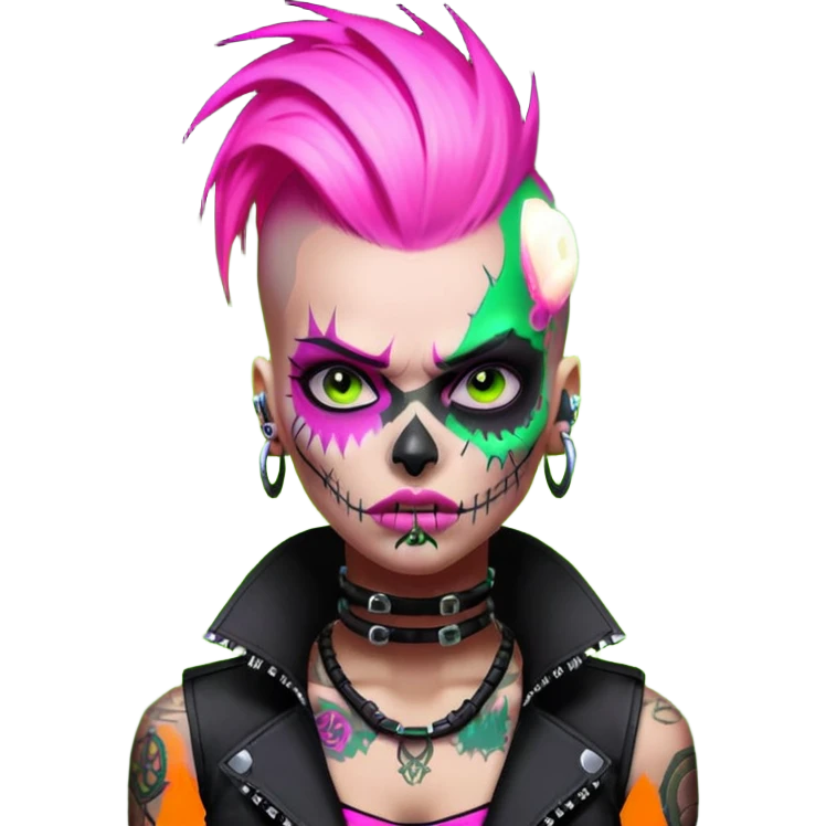 Cyberpunk female punk, pink mohawk, skull face tattoos, bionic neck, aggressive expression, neon green lighting emoji