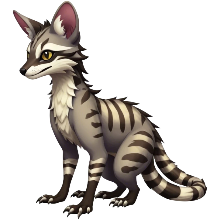 Feral Rare Fantasy dark tropical Vernid-Sergal-Genet-Trico-species by LiLaiRa, random markings, tufted tail, tufted ears, full body emoji