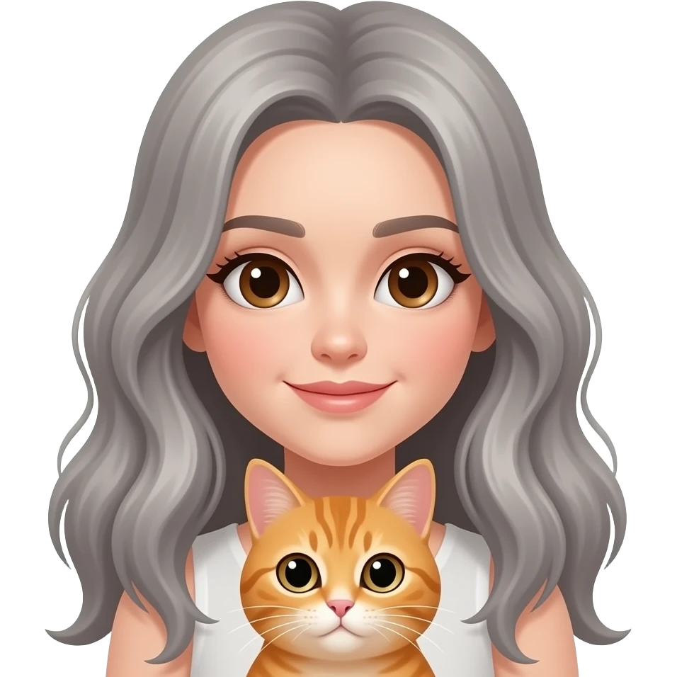 Gray medium length wavy hair, no bangs in front,  parted on side with brown eyes girl holding orange cat emoji