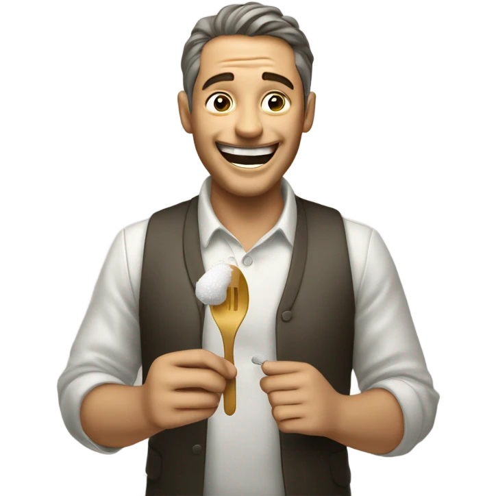 Very happy man, holding lighter under spoon, sugar in the spoon emoji