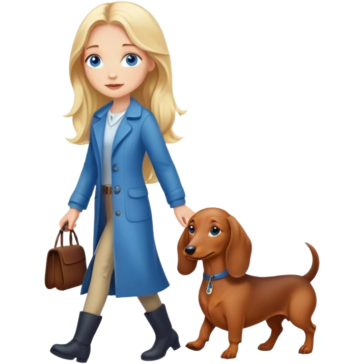 blonde girl with long hair and blue eyes walking with a dachshund emoji