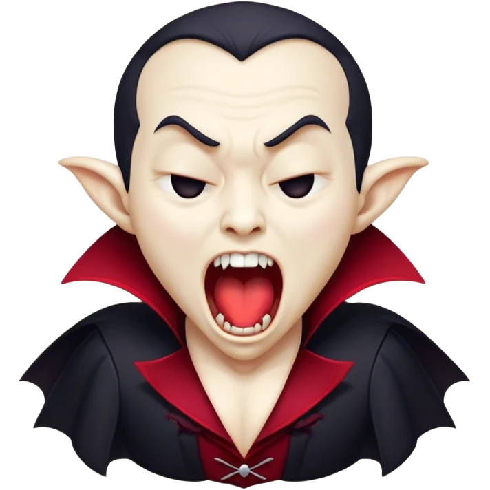 Cinematic Cute Yawning Vampire Portrait Emoji, with a small, rounded, charming pale face accented with tiny playful fangs and droopy, half-closed eyes, head tilted in an adorable wide yawn, dressed in miniature elegant dark attire with a hint of crimson, simplified yet irresistibly endearing, highly detailed with a soft, mysterious glow and gentle outline that captures the cute, drowsy side of an immortal! emoji