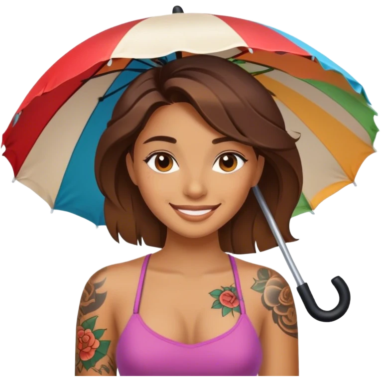 smiling girl under beach umbrella with a tattoo emoji