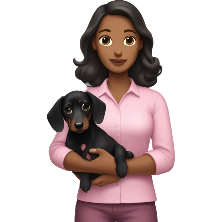 a brunette woman in a pink shirt, with white skin, holding black dachshund puppy in her arms lovingly emoji