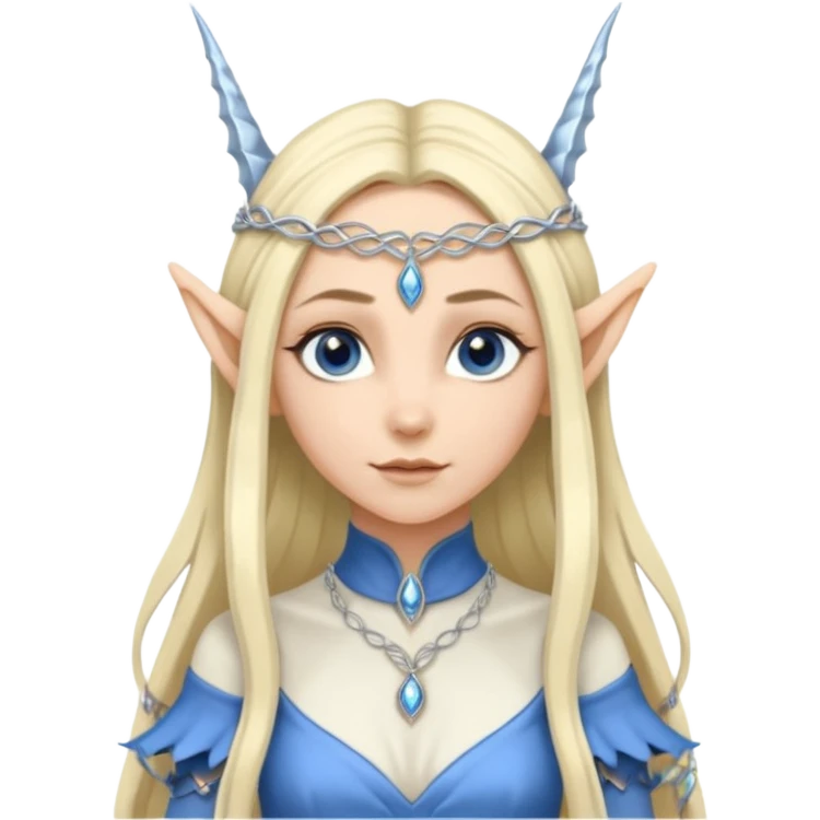 a girl elf with very long blond hair and a twisted headpiece, she's got pointy ears and a blue/silver dress emoji