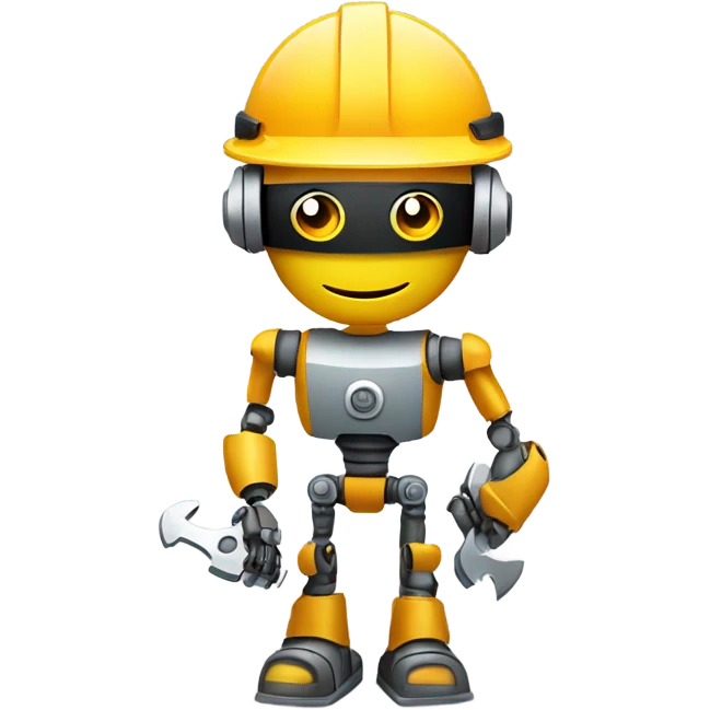 A friendly robot wearing a construction helmet and holding a wrench. Geometric design with rounded edges and a pleasant expression, shown from 3/4 angle in motion. emoji
