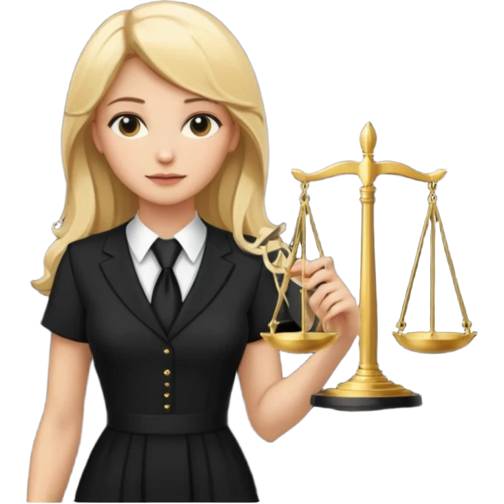 woman lawyer blanche et blonde habillée avec une robe noire longue et une cravate blanche, avec la balance de la justice derrière elle emoji