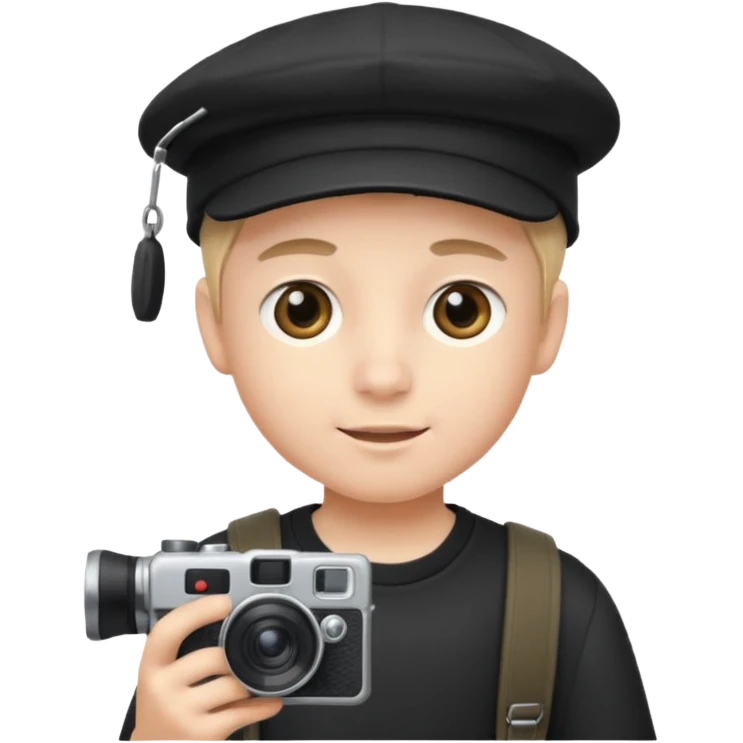 schoolboy with big front teeth wearing a black cap holding a camera in his hand emoji