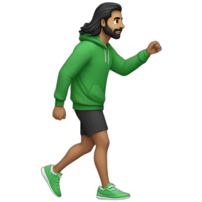 an indian man wearing a green sweatshirt, long hair, buzzed beard, black shorts, walking, side profile, one hand raised slightly up to waist level emoji