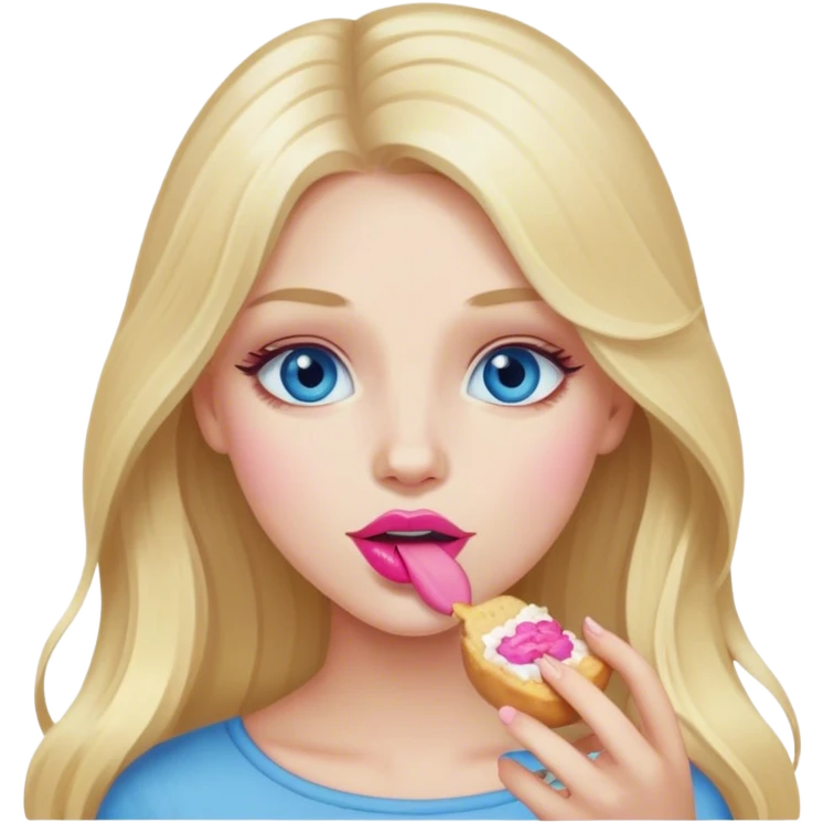 Cinematic realistic blonde with long hair, blue eyes and pink lips eats  emoji