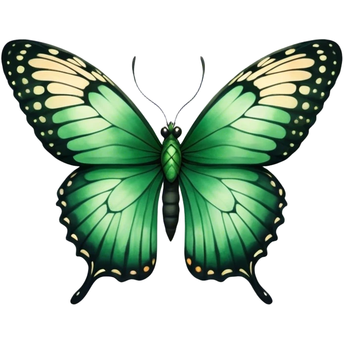 A majestic emerald-green butterfly with wide, intricately detailed wings, painted in a soft watercolor style. The edges of the wings fade into deep black, creating a striking contrast against a warm beige background.
 emoji