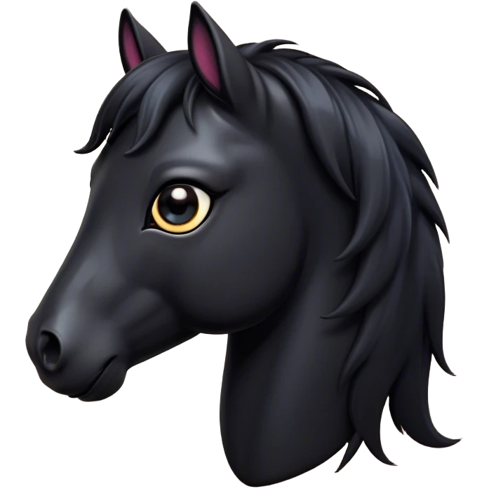 Cinematic Cute Black Horse Portrait Emoji, Head tilted playfully and inquisitively, showcasing a glossy black fur with a striking sheen and expressive dark eyes filled with curiosity, Simplified yet irresistibly adorable features, highly detailed, glowing with a warm, friendly glow, high shine, affectionate and spirited, stylized with a touch of whimsy, bright and endearing, soft glowing outline, capturing the essence of a mischievous yet loving horse, so playful it feels like it could trot out of the screen and into your arms! emoji