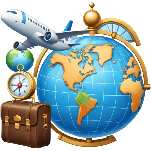 An icon featuring a hotel building, and a globe, symbolizing the scientific study of tourism and hospitality. The design includes a map, a plane and train, a compass, and a checklist, representing travel planning and service management. Transparent background emoji
