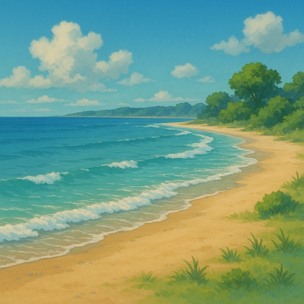 ghibli style peaceful beach scene with gentle waves emoji