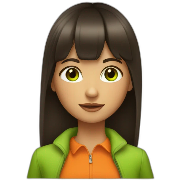 a young girl with slightly tanned skin.  straight bangs and dark hair.  she has bright green eyes and an orange coat emoji
