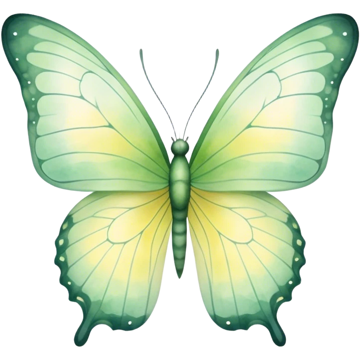 A delicate butterfly with translucent, pastel green wings, featuring subtle vein patterns and a gradient of light yellow and sage. The watercolor strokes give it a dreamy, ethereal appearance as it hovers in mid-air.
 emoji