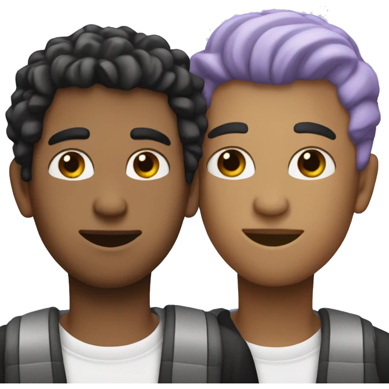 Two men kissing, one of the white with lavender hair and the other person is black with black hair  emoji