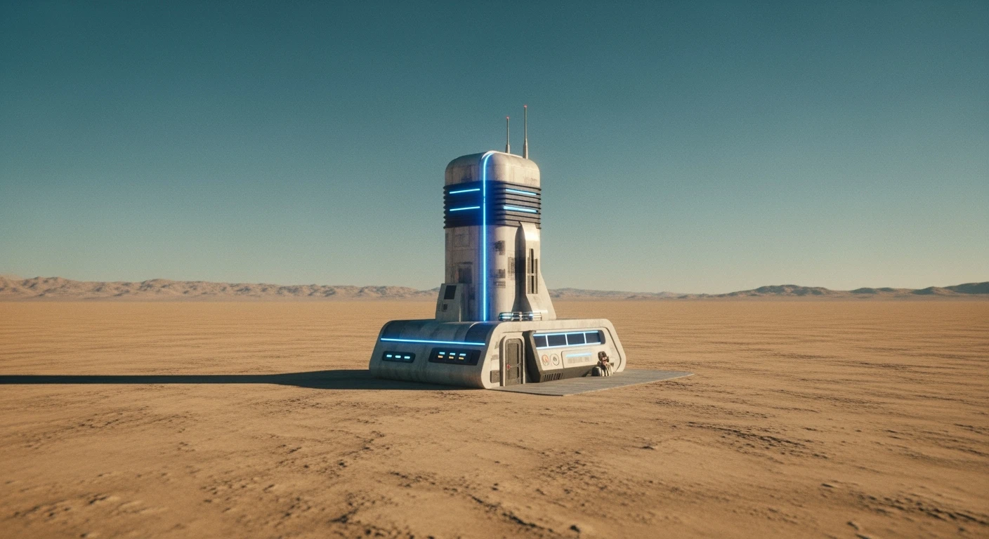 Cinematic still from 1990s Retro Space movie, film called Retro Futurism, Establishing scane showing desert with single small futuristic bulding, big landscape in background showing loneliness emoji