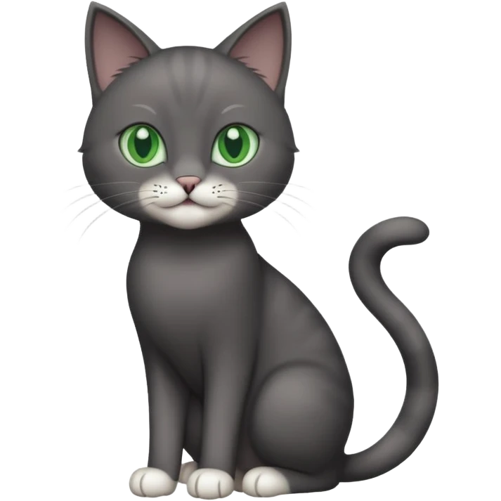 full body gorgeous solid dark grey cat with green eyes, white paws and white whiskers playing emoji