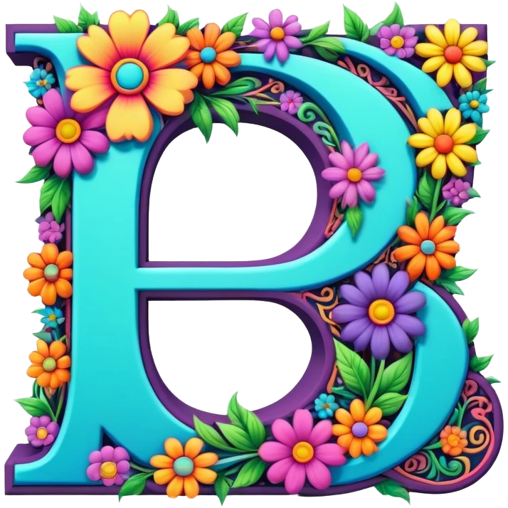 3D, gothic style psychedelic colored Letter D with hippie style flower border emoji