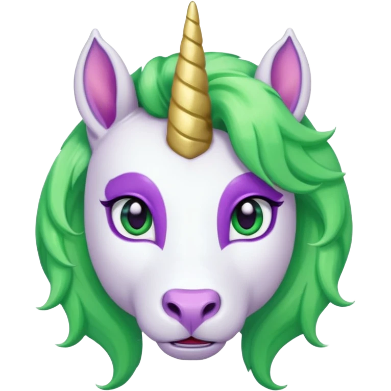 white furred unicorn with green hair and big purple earrings looking into camera and big horn and big earrings emoji