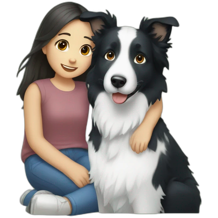 A girl sits with a adult Blue and white border collie emoji