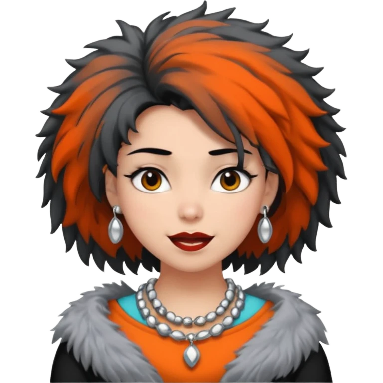 Female with very big Silver Necklace, grey skin,Black full fuzzy hair, more bright silver,highlight necklace, different expressions. emoji