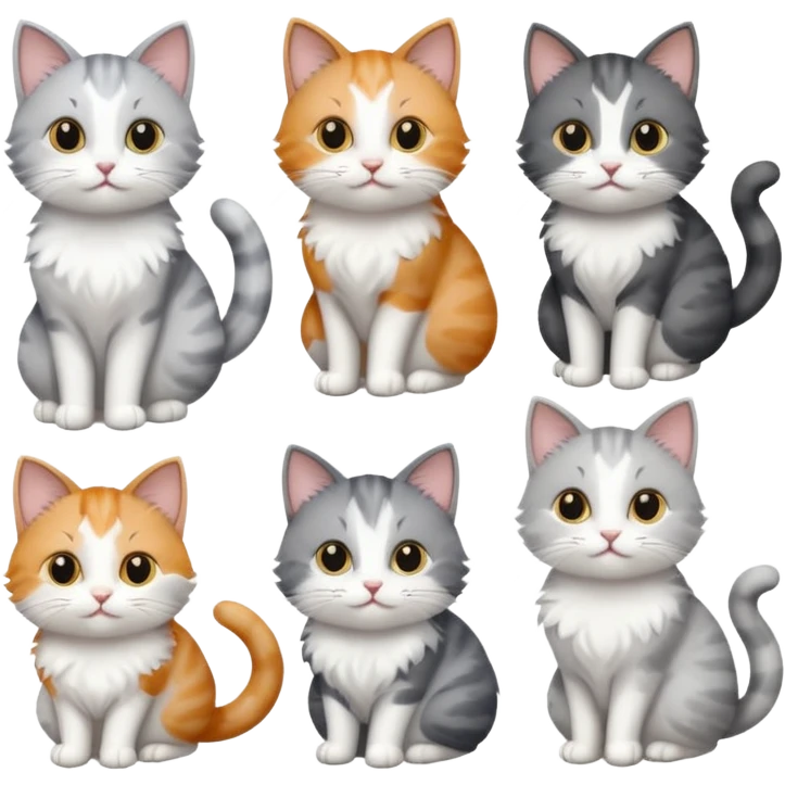 6 realistic looking cats with different natural coloured coats, assorted grey and white, greys, calicos etc
 emoji