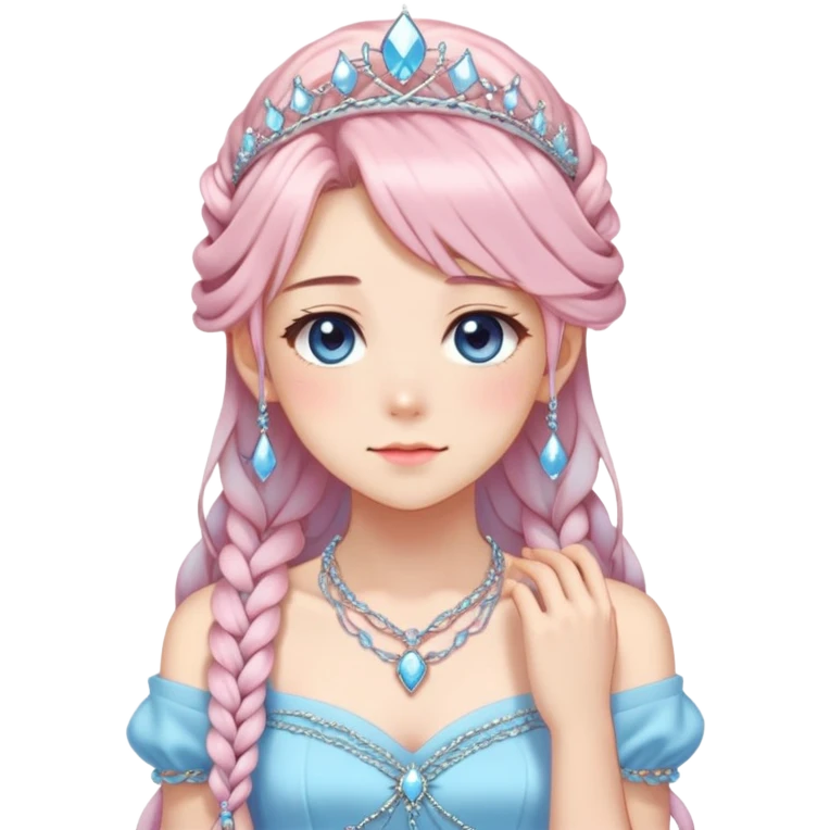 Pretty pastel aesthetic blushing anime lady with a pastel-blue dress, sparkly tiara, long beautiful braided hair, necklaces, bracelets, epic aesthetic  emoji